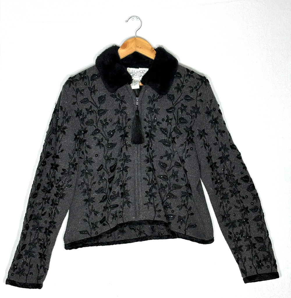 Elana Carello Full Zip Sweater Jacket With Faux Fur Collar Beads Sz L